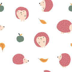 Cute Hedgehog Seamless Pattern, Cartoon animal background vector Illustration