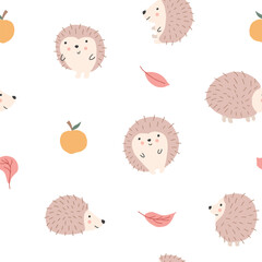 Cute Hedgehog Seamless Pattern, Cartoon animal background vector Illustration