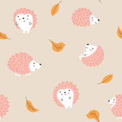 Cute Hedgehog Seamless Pattern, Cartoon animal background vector Illustration