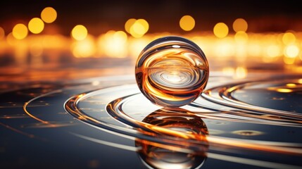  a close up of a glass object on a reflective surface with a blurry background and lights in the background.