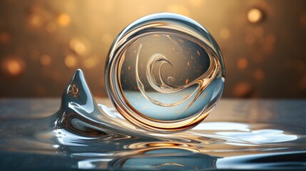  a close up of a water drop with a swirl in the middle of the drop and a sunbeam in the background.