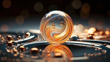  a close up of a glass object on a reflective surface with a blurry background of circles and drops of water. - obrazy, fototapety, plakaty