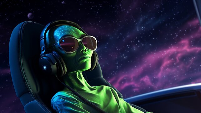 Green alien listening to music on headphones and chilling in the galaxy