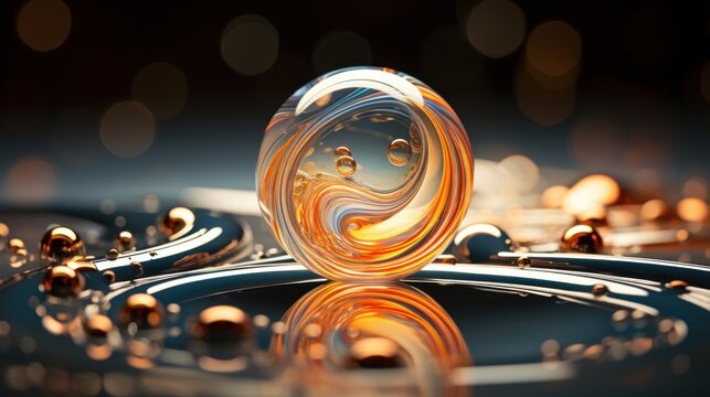  A Close Up Of A Glass Object On A Reflective Surface With A Blurry Background Of Circles And Drops Of Water.