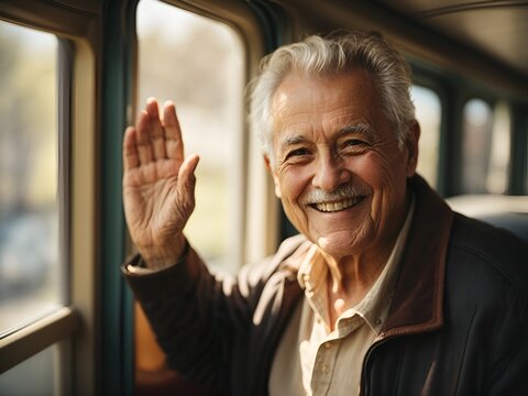 A Photo Portrait Of A Old Happy Smiling Beautiful Senior Man Waving With His Hand Out Of The Window And Saying Goodbye.