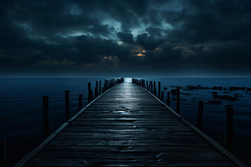 Fototapeta na wymiar Moonlit pier at night with wooden walkway