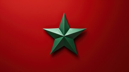  a green origami star sitting on top of a red wall in the middle of a room with a red wall behind it.