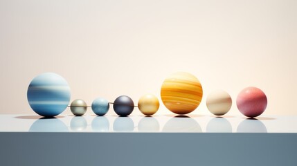  a row of different colored planets sitting on top of a white table next to a light colored wall with a reflection on the floor.