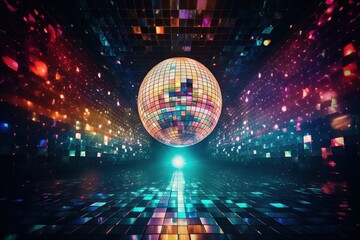 Generative AI, Disco shiny  ball, party reflecting colorful lights for music broadcast, night clubs, musical banners