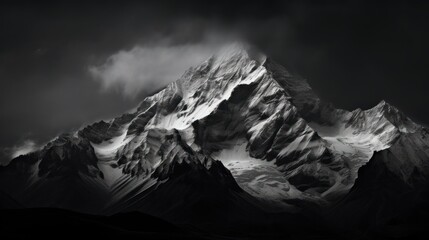  a black and white photo of the top of a snow - capped mountain with a dark sky in the background.