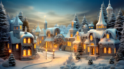 Obraz premium Christmas Card Design: Snow-Covered Vintage Village in Winter 3D Illustration