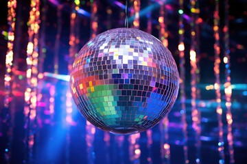 Obraz premium Generative AI, Disco shiny ball, party reflecting colorful lights for music broadcast, night clubs, musical banners