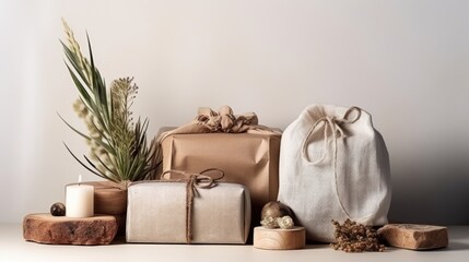  a group of wrapped presents sitting on top of a table next to a potted plant and a wooden block.
