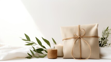  a wrapped present sitting on top of a table next to a vase with a plant in it and a candle in front of it.