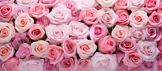 In the midst of a vibrant natural setting, a floral masterpiece unfolds, showcasing the exquisite beauty of blooming roses with their soft pink petals, complemented by lush green leaves. Their