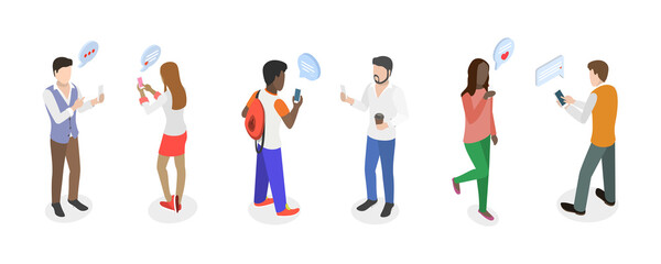 3D Isometric Flat  Conceptual Illustration of Chatting People, Group of Characters with Smartphones