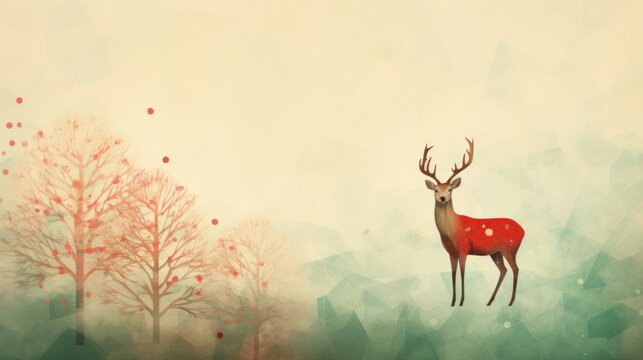  a painting of a deer standing in the middle of a forest with red berries on it's antlers.