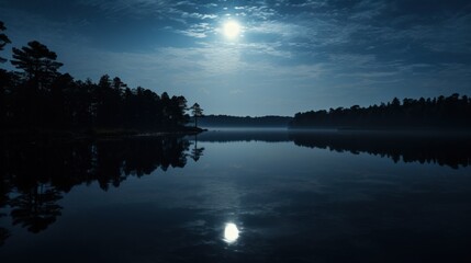 Fototapeta na wymiar a body of water surrounded by trees under a blue sky with a bright moon in the middle of the sky.