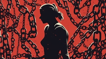 Silhouette of a woman with chains on a red background. Mental Diseases Concept. Mental Problems. Loneliness.