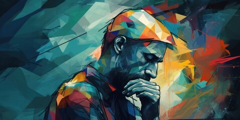 Pensive sad man in low poly style. Abstract colorful background. Mental Diseases Concept. Mental Problems. Loneliness. - obrazy, fototapety, plakaty