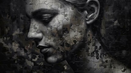 Portrait of a beautiful woman with missing piece of jigsaw puzzle. Mental Diseases Concept. Mental Problems. Loneliness. - obrazy, fototapety, plakaty