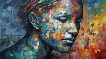 Beautiful depressed woman portrait with colorful puzzle background. Mental Diseases Concept. Mental Problems. Loneliness.