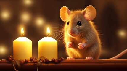  a mouse sitting on a table next to a lit candle and a lit candle in the shape of a heart.