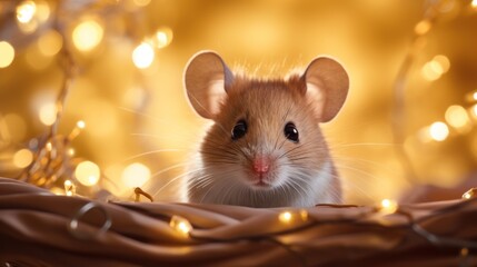  a close up of a small rodent in a basket with lights in the background and a blurry background.