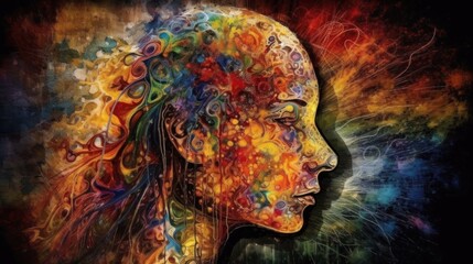 Depressed Woman's face combined with colorful paint splashes. Mental Diseases Concept. Mental Problems. Loneliness.