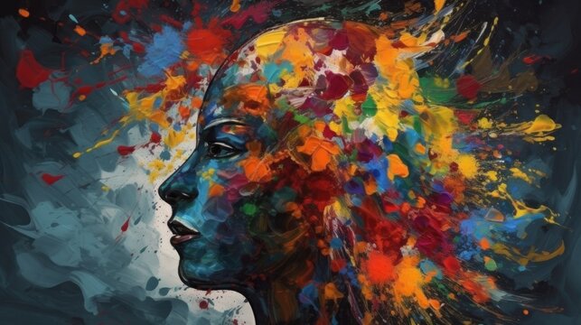 Depressed Woman's face combined with colorful paint splashes. Mental Diseases Concept. Mental Problems. Loneliness.