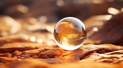 Obraz premium a glass ball sitting on top of a bed of rocks next to a rock covered in yellow and brown leaves.