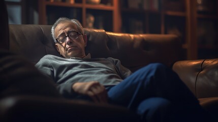 Portrait of an elderly sad man sleeping on a sofa in the evening at home. Mental Diseases Concept....