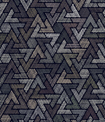  Seamless repeating pattern with multicolored brown and grey small triangles and hexagons on a black background. Grid texture finish. Abstract geometric ornament. Decorative vector illustration. 