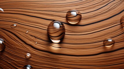 a close up of some water drops on a wood grained surface with a pattern of lines and drops of water on the surface.
