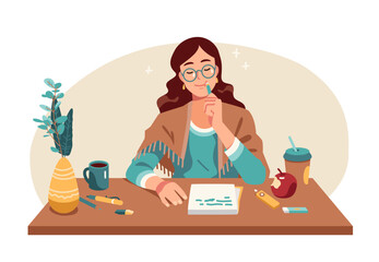 Writer woman working writing and making notes. Dreamy author or student person thinking, writing down creative ideas, thoughts on paper sheet at desk workplace. Creativity flat vector illustration