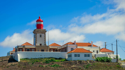 Cabo da Roca, Portugal - 15.08.2023: Lighthouse located above the Atlantic Ocean at the most western point of continental Europe.