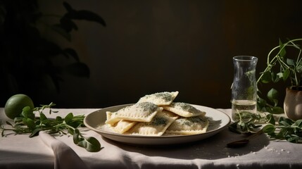  a plate of ravioli on a table with a glass of water and a potted plant in the background.