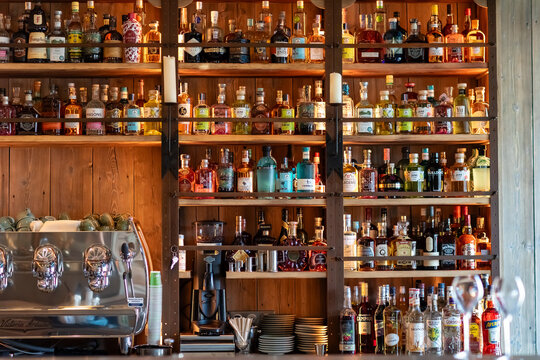 Paris, France, February 08, 20223. Wine cabinet in the bar with various drinks