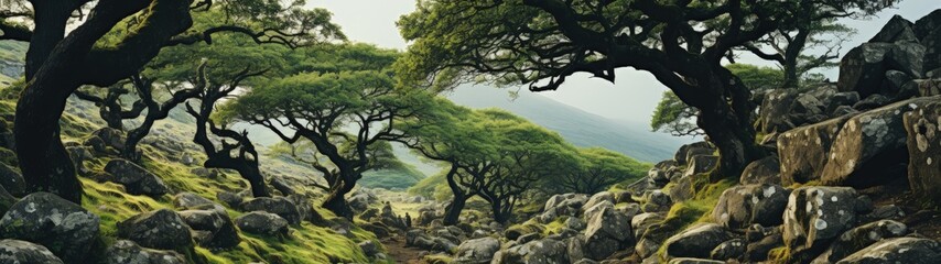 Obraz premium Majestic Forest: Lush Trees, Mossy Rocks, and Serene Sky