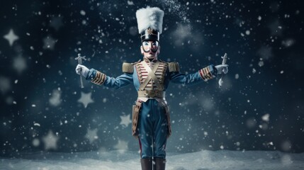  a man dressed as a nutcracker standing in the snow with his arms out and hands in the air.
