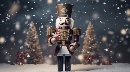  a nutcracker standing in the snow in front of a christmas scene with snow falling down on the trees and snow falling down on the ground.