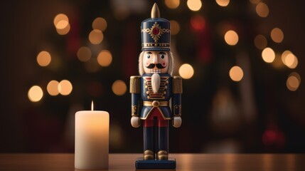  a nutcracker figurine next to a lit candle on a table in front of a christmas tree.
