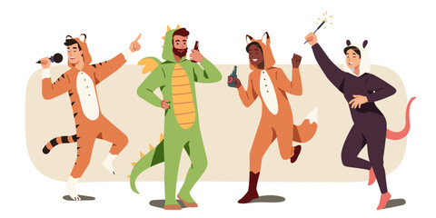Animal character costumes pajama party set. Happy men, women friends in funny clothes dancing. Slumber party, sleepover fun, weekend celebration in jumpsuits. Person flat vector illustration