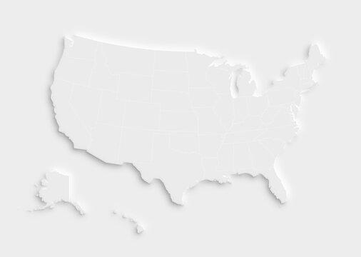 White map of the United States of America (USA, America) on white background with shadow or 3d effect. High resolution modern and clean map with states in black and white.