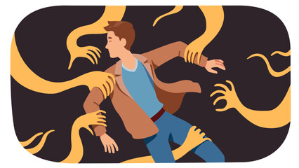 Person anxiety and fear problem. Scary hands reaching for stressed afraid man having panic attack. Depression, psychology, mental health disorder, phobia, stress concept flat vector illustration