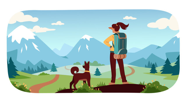 Woman hiking in nature on journey. Hiker person, traveler with backpack and dog pet looking at distant mountains enjoying scenic landscape view. Travel, tourism adventure flat vector illustration