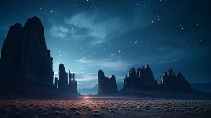 a rocky desert landscape with a starry sky above