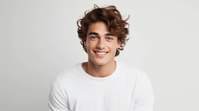 Attractive young man on white background, smiling boy showing positive emotions