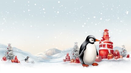  a penguin is standing in the snow next to a red and white christmas tree and a red and white lighthouse.