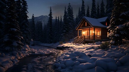 a cabin in the snow - obrazy, fototapety, plakaty